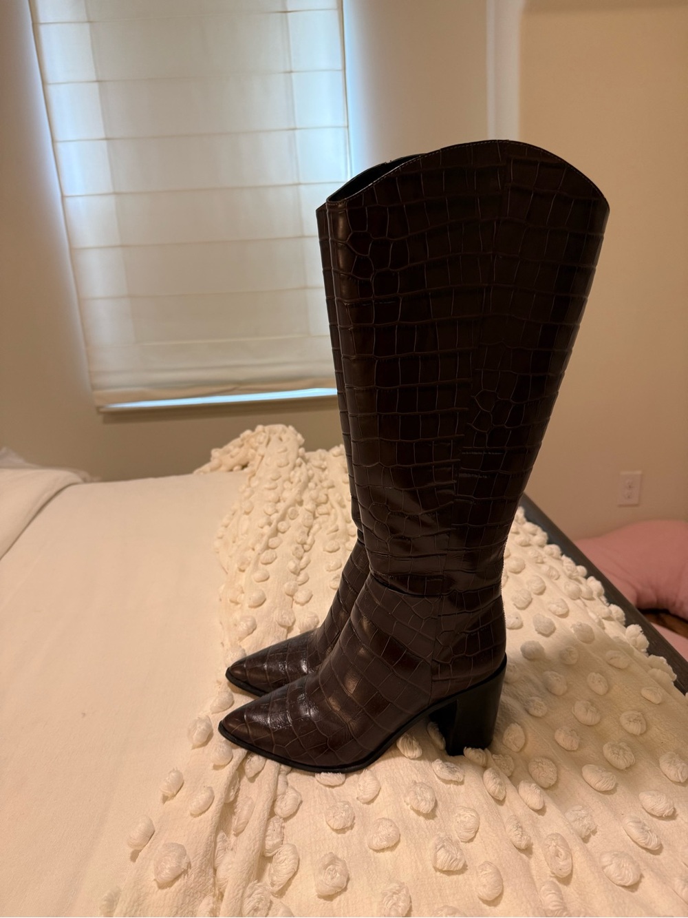 Franco Sarto Dark Brown Croc-Embossed Pointed-Toe Knee Boots